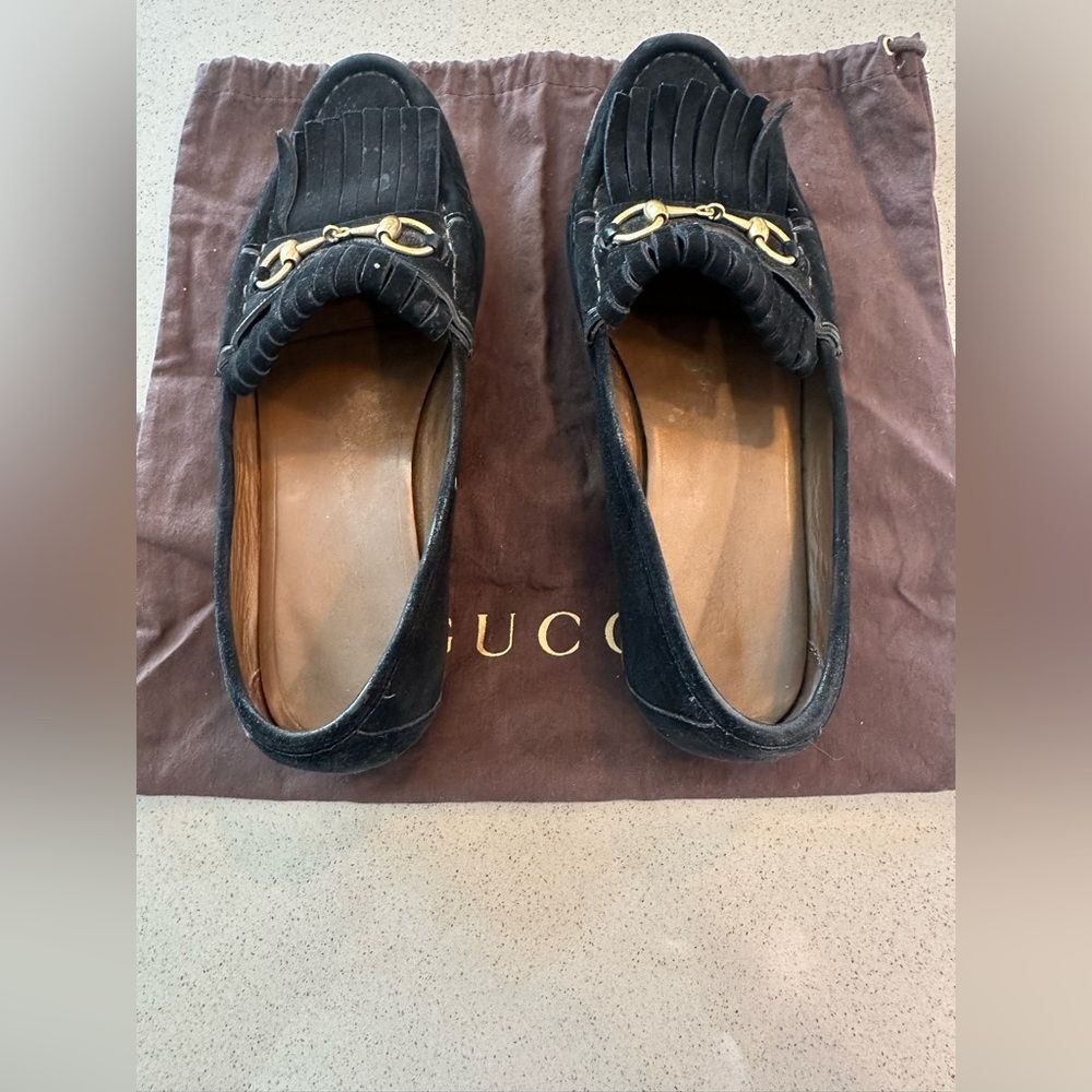 GUCCI Women's Horsebit Fringe Suede Black Loafers EU 37 - Picture 8 of 9